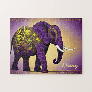 Majestic Purple Elephant with Golden Swirls Jigsaw Puzzle