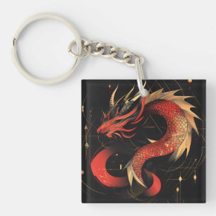 Majestic Red and Gold Chinese Dragon Art Key Ring