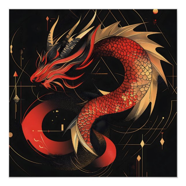 Majestic Red and Gold Chinese Dragon Art Poster (Front)
