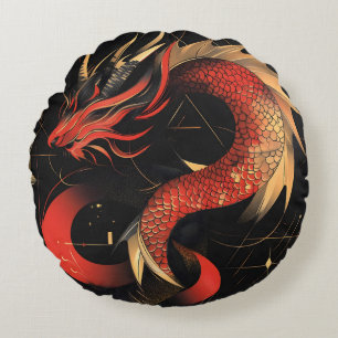 Majestic Red and Gold Chinese Dragon Art Round Cushion