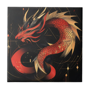 Majestic Red and Gold Chinese Dragon Art Tile