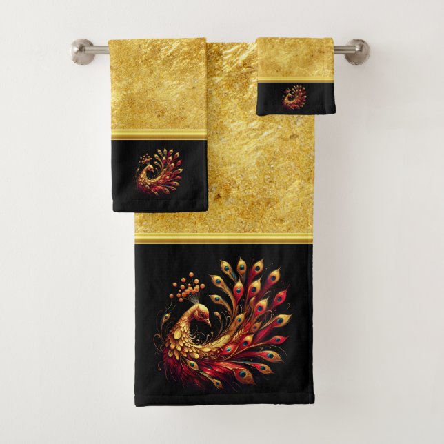 Majestic Red and Gold Peacock  Bath Towel Set (Insitu)