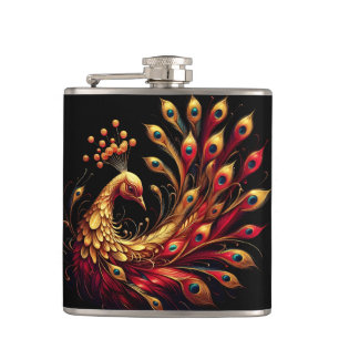 Majestic Red and Gold Peacock Hip Flask