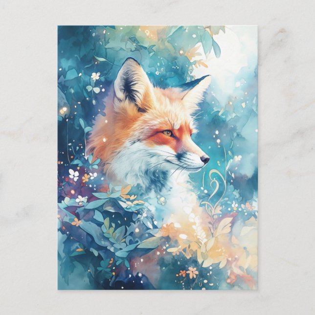 Majestic Red Fox in Teal Botanical Meadow Postcard (Front)