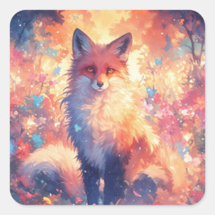 Majestic Red Fox Sitting in Vibrant Wildflower Square Sticker