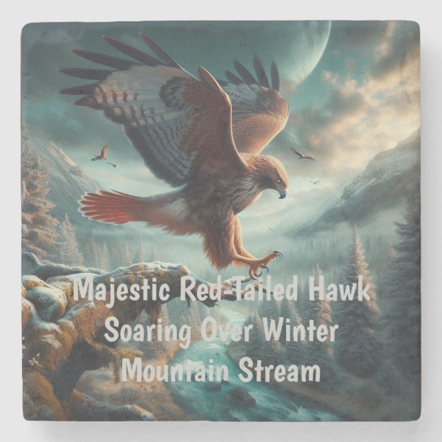 Majestic Red-Tailed Hawk Soaring Stone Coaster (Front)
