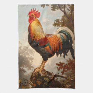 Majestic Rooster Posing in a Lush Natural Forest Tea Towel