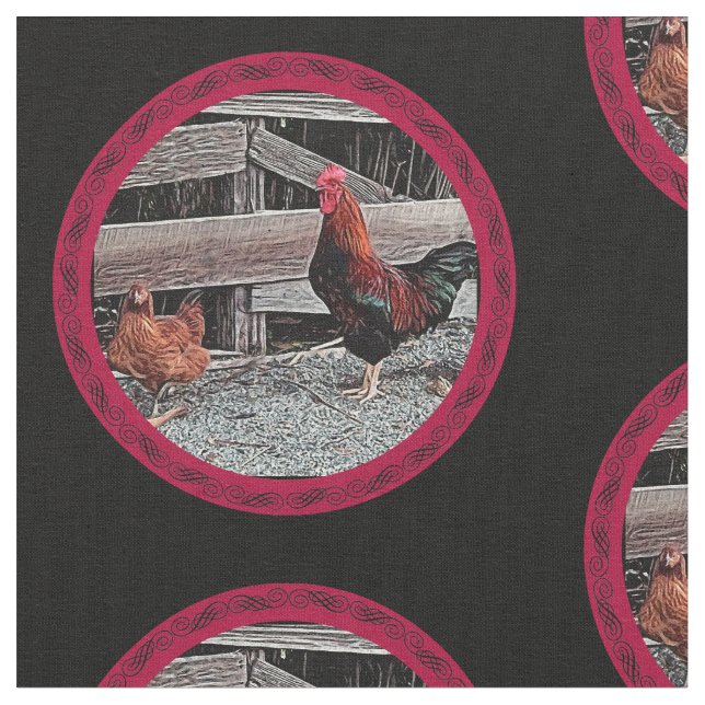 Majestic Rooster with Hen Fabric (Close Up)