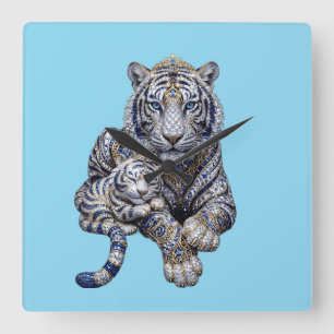 Majestic Royal Jeweled White Tiger Art Square Wall Clock