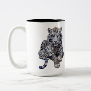 Majestic Royal Jewelled White Tiger Art Two-Tone Coffee Mug