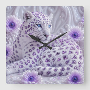 Majestic Royal Purple Jewelled Leopard Art Square Wall Clock