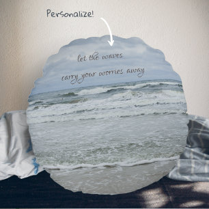 Majestic sea with waves under stormy skies round cushion