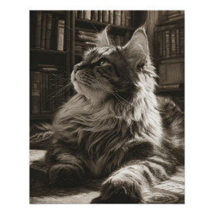 Majestic Sepia Maine Coon Library Cat Art Poster