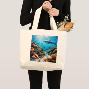 Majestic shark and coral reef jumbo can large tote bag