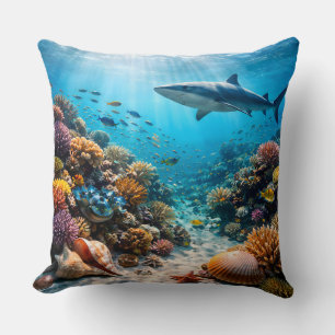 Majestic shark and coral reef underwater throw pil cushion