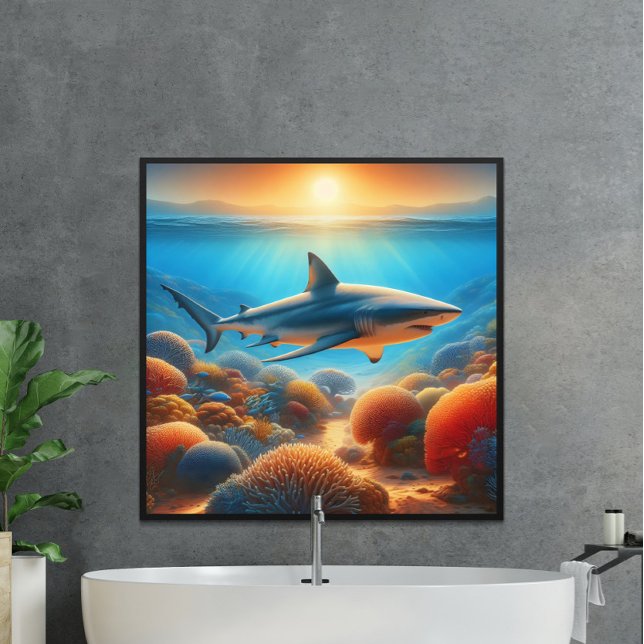 Majestic Shark Glides Above Vibrant Coral Garden Poster (Creator Uploaded)