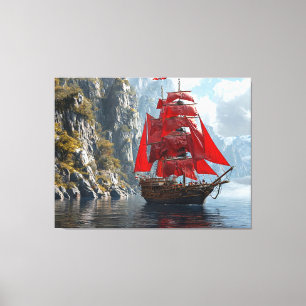 Majestic Ship With Red Sails Near Steep Rocky Coas Canvas Print