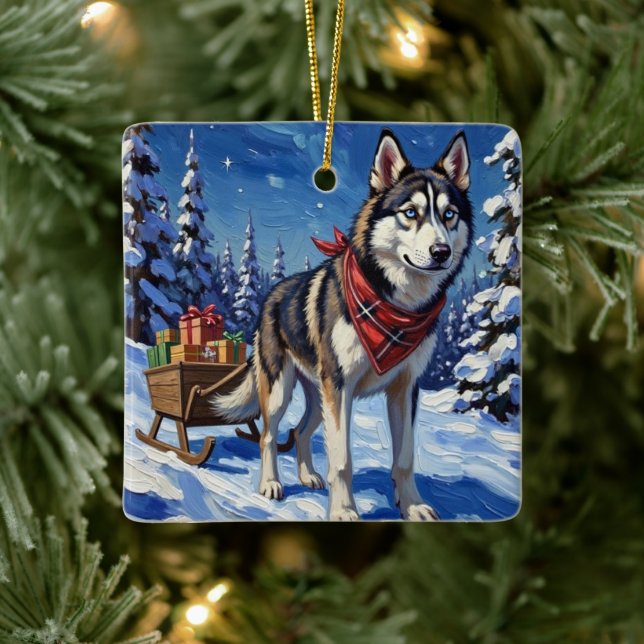 Majestic Siberian Husky Pulling Christmas Sled Ceramic Ornament (Tree)
