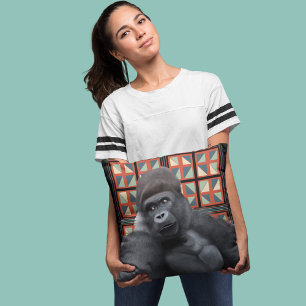 Majestic Sitting Gorilla On Red Geometric Wildlife Cushion