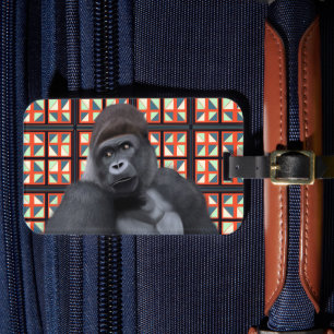 Majestic Sitting Gorilla On Red Geometric Wildlife Luggage Tag