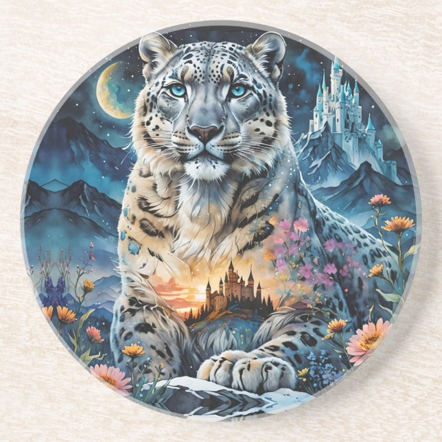 Majestic Snow Leopard - Castle - Moon,  Coaster (Front)