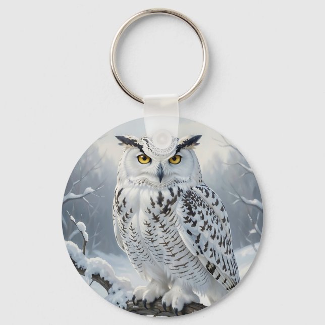 Majestic Snowy Owl Winter Scene Key Ring (Front)