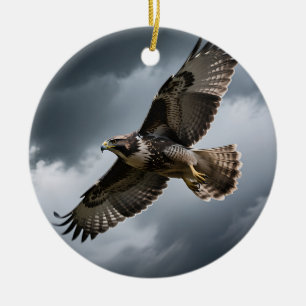 Majestic Soaring Hawk Storm Clouds Ceramic Tree Decoration