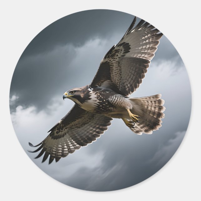 Majestic Soaring Hawk Storm Clouds Classic Round Sticker (Front)