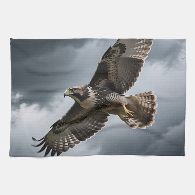 Majestic Soaring Hawk Storm Clouds Tea Towel (Horizontal)