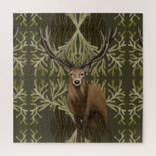 Majestic Stag Abstract Green Forest  Jigsaw Puzzle