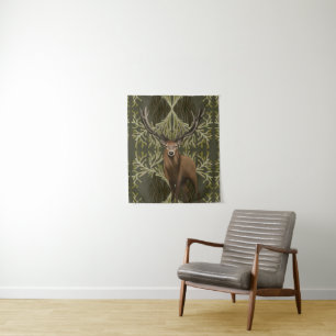 Majestic Stag Abstract Green Forest  Tapestry