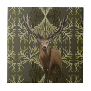 Majestic Stag Abstract Green Forest Tile