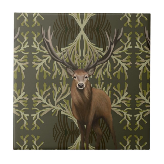 Majestic Stag Abstract Green Forest  Tile (Front)