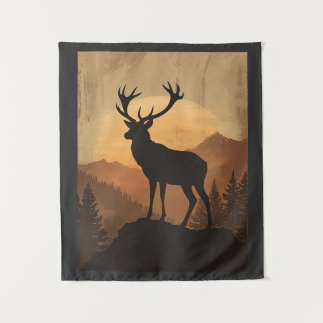 Majestic Stag Deer Silhouette at Sunset Tapestry (Front)