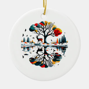 Majestic Stag in Snowy Winter Forest Ceramic Tree Decoration