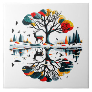Majestic Stag in Snowy Winter Forest Tile