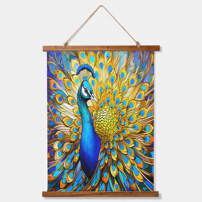 Majestic Stained Glass Peacock Art Nouveau Style Hanging Tapestry (Front)