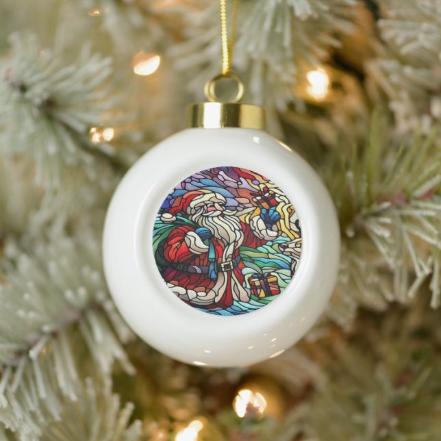Majestic Stained Glass Santa and Reindeer Ceramic Ball Christmas Ornament (Tree)