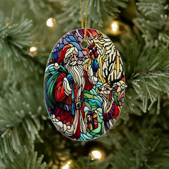 Majestic Stained Glass Santa and Reindeer Ceramic Tree Decoration (Tree)