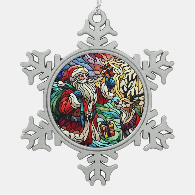Majestic Stained Glass Santa and Reindeer Snowflake Pewter Christmas Ornament (Front)