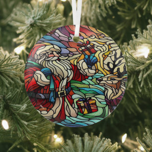 Majestic Stained Glass Santa and Reindeer Tree Decoration