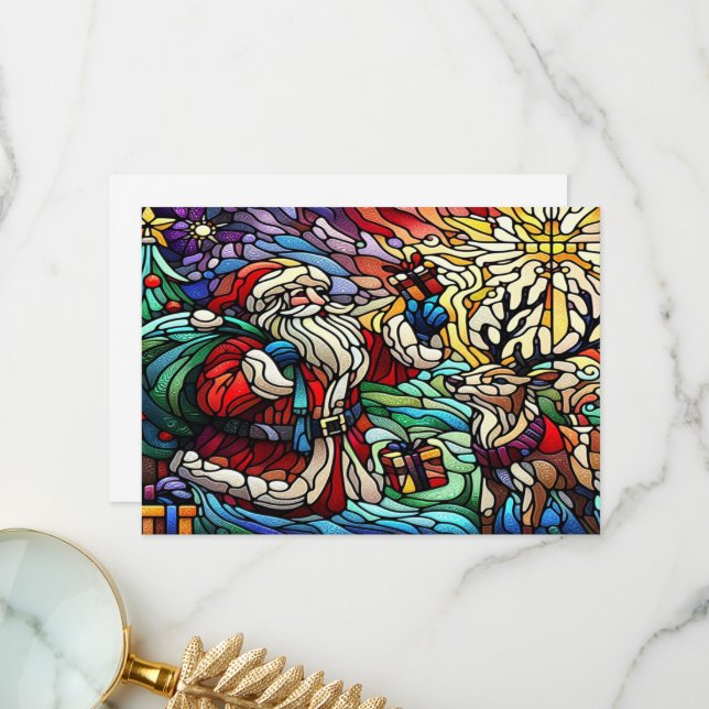 Majestic Stained Glass Santa and Reindeerts Thank You Card (Front/Back In Situ)