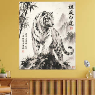 Majestic Standing White Tiger Traditional Sumi-e Canvas Print