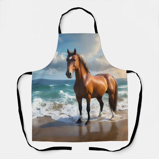 **"Majestic Stride: Proud Brown Horse on the Beach Apron (Front)