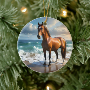 **"Majestic Stride: Proud Brown Horse on the Beach Ceramic Tree Decoration