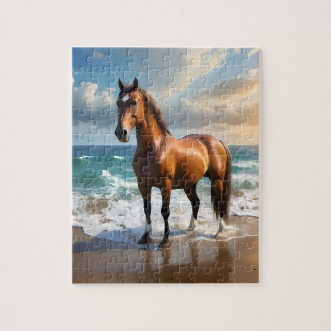 **"Majestic Stride: Proud Brown Horse on the Beach Jigsaw Puzzle (Vertical)