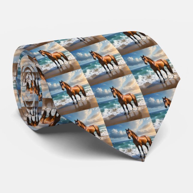 **"Majestic Stride: Proud Brown Horse on the Beach Tie (Rolled)