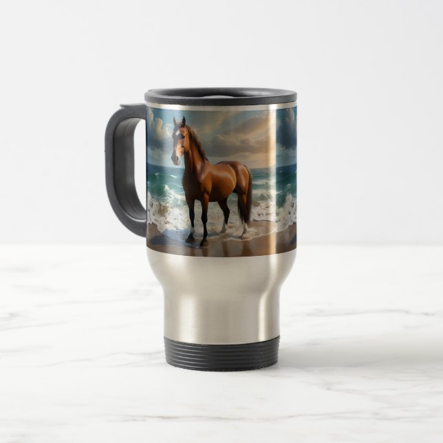 **"Majestic Stride: Proud Brown Horse on the Beach Travel Mug (Front Left)