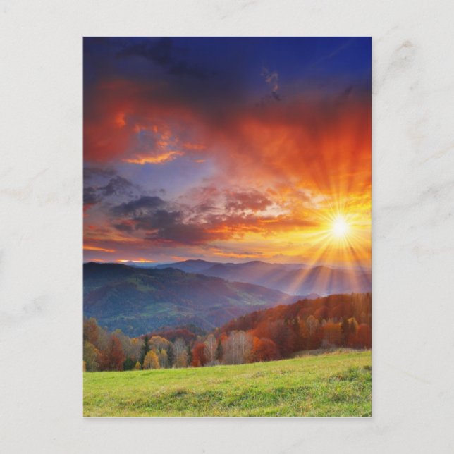 Majestic sunrise in the mountains landscape postcard (Front)