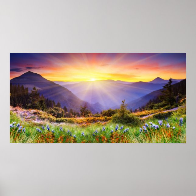 Majestic sunset in the mountains landscape poster (Front)